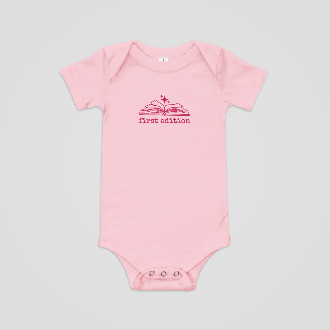 FIRST EDITION EMBROIDERED BABY ONESIE