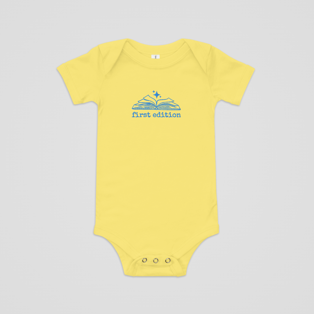 FIRST EDITION EMBROIDERED BABY ONESIE