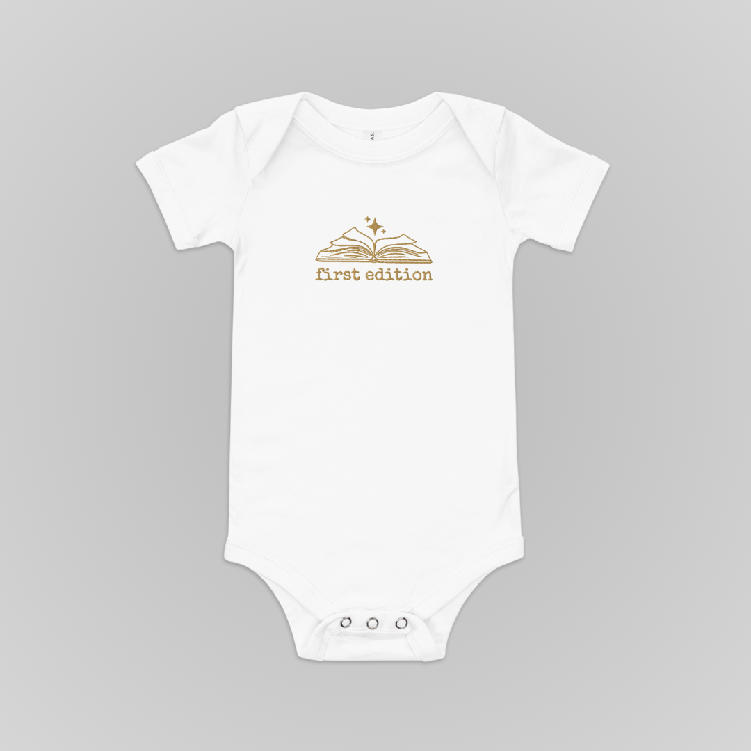 FIRST EDITION EMBROIDERED BABY ONESIE