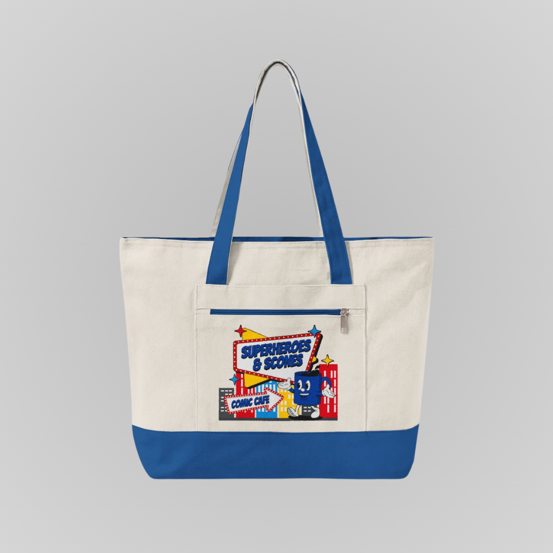 SUPERHEROS & SCONES CANVAS ZIPPERED TOTE BAG
