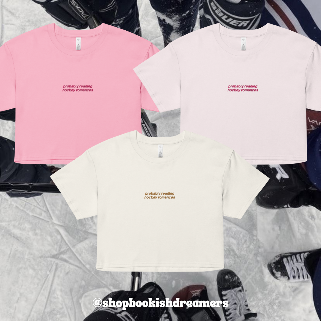 PROBABLY READING HOCKEY ROMANCE EMBROIDERED CROP TEE