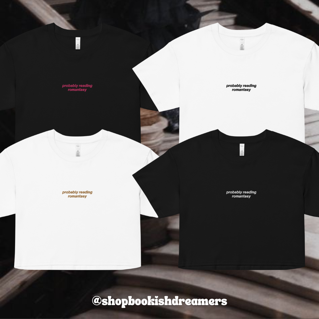 PROBABLY READING ROMANTASY EMBROIDERED CROP TEE