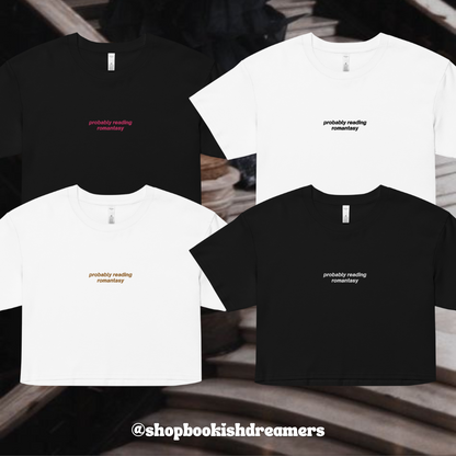 PROBABLY READING ROMANTASY EMBROIDERED CROP TEE