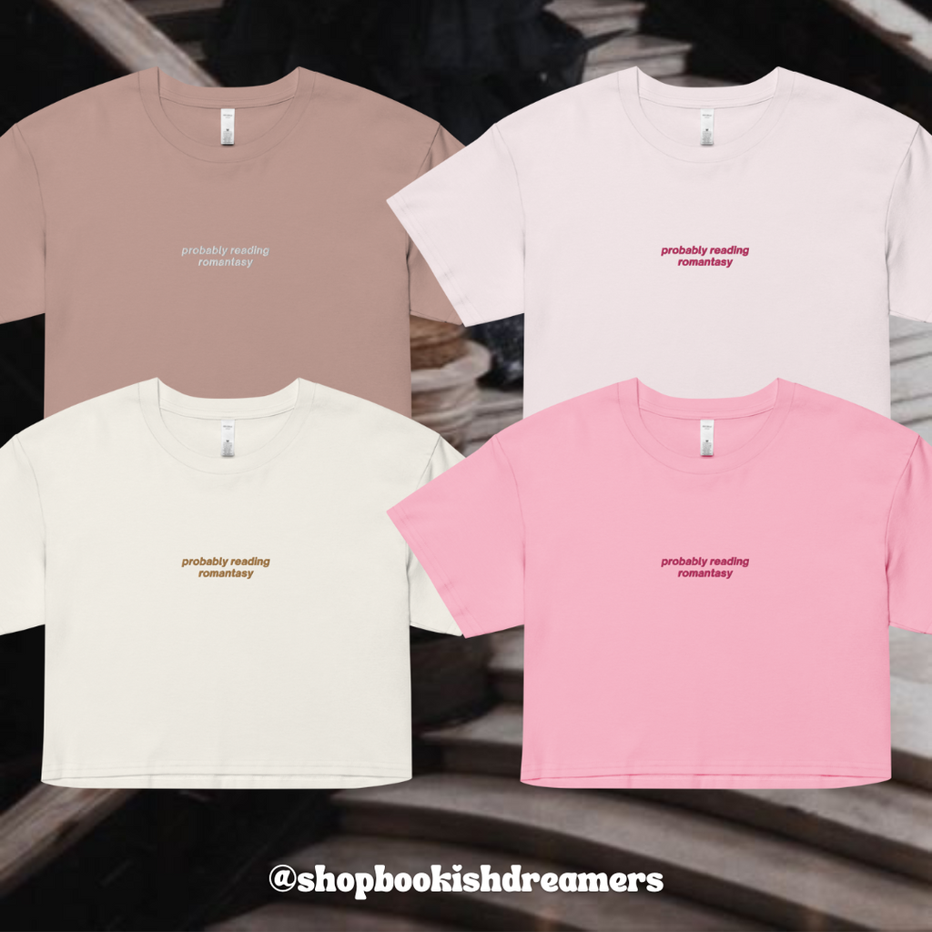 PROBABLY READING ROMANTASY EMBROIDERED CROP TEE
