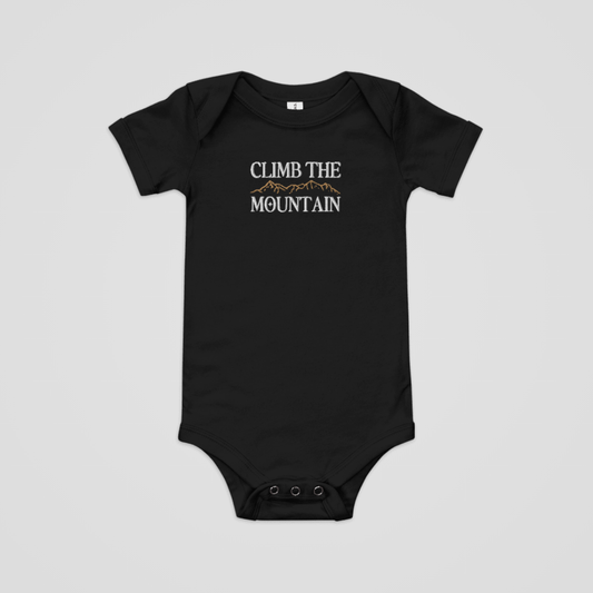 CLIMB THE MOUNTAIN EMBROIDERED BABY ONESIE