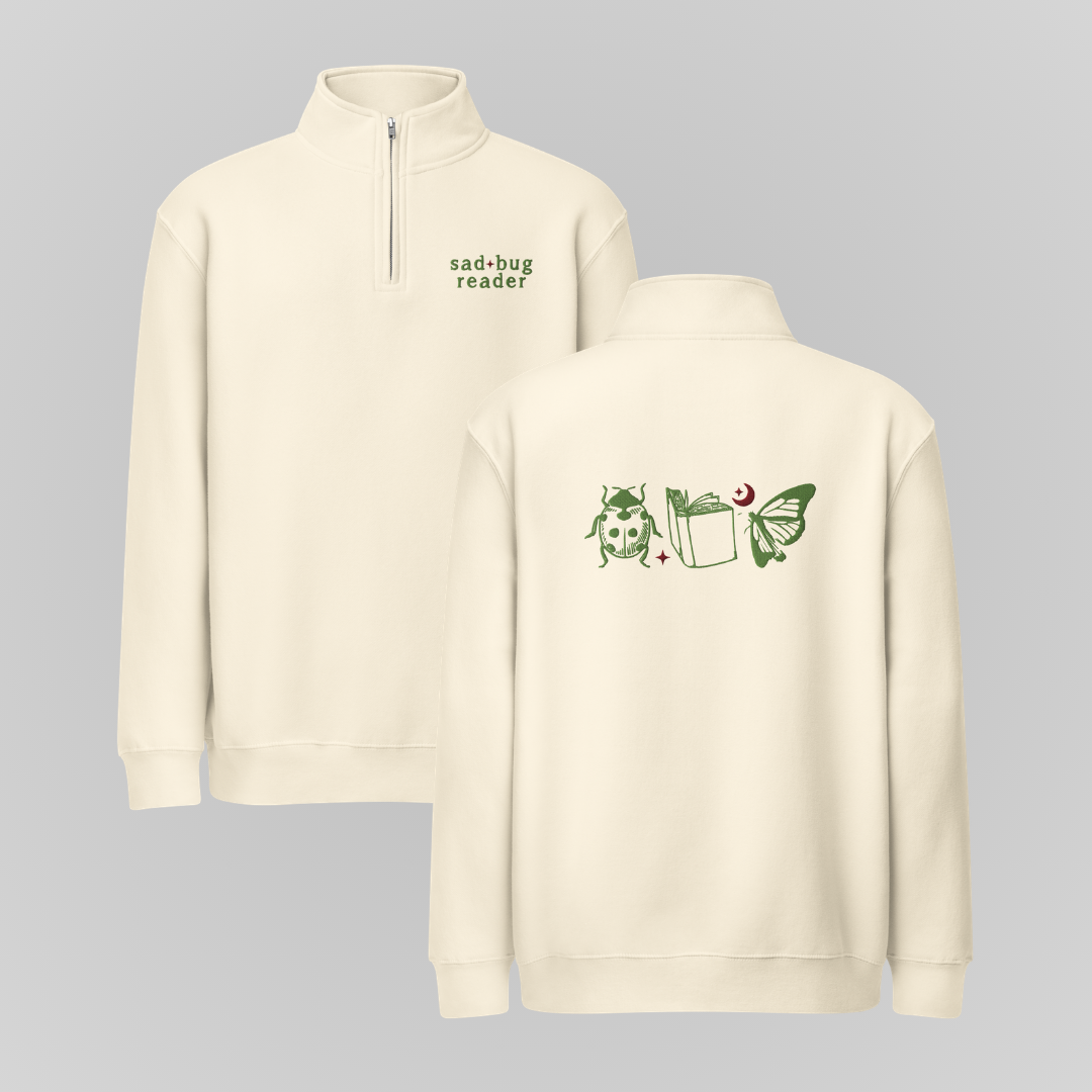 SAD BUG READER MOCK-NECK QUARTER-ZIP SWEATER
