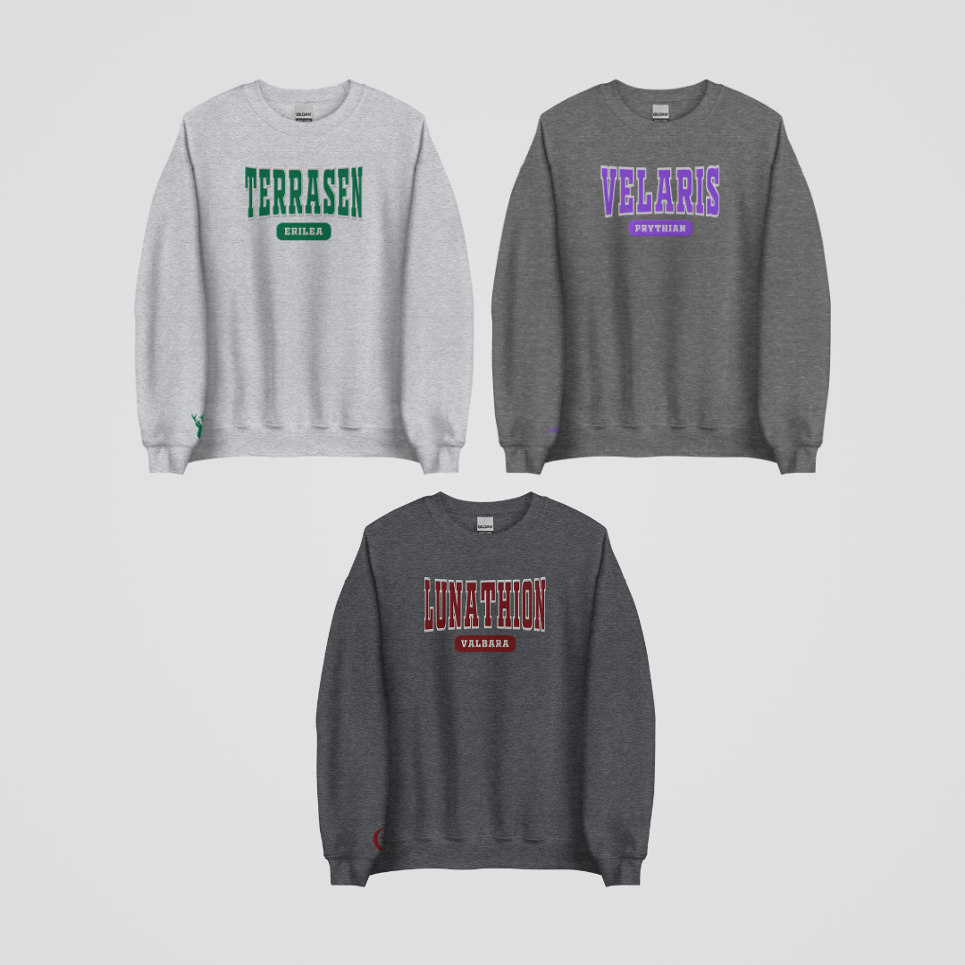 SARAH J. MAAS COLLEGIATE EMBROIDERED CREWNECKS *TERRASEN x VELARIS x LUNATHION EDITION