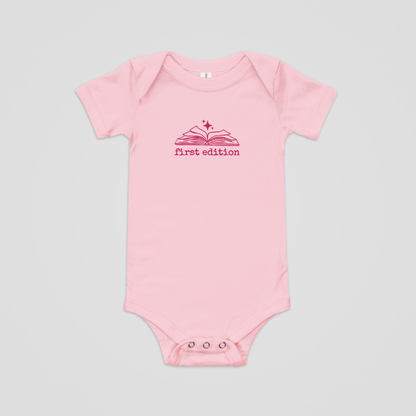 FIRST EDITION EMBROIDERED BABY ONESIE