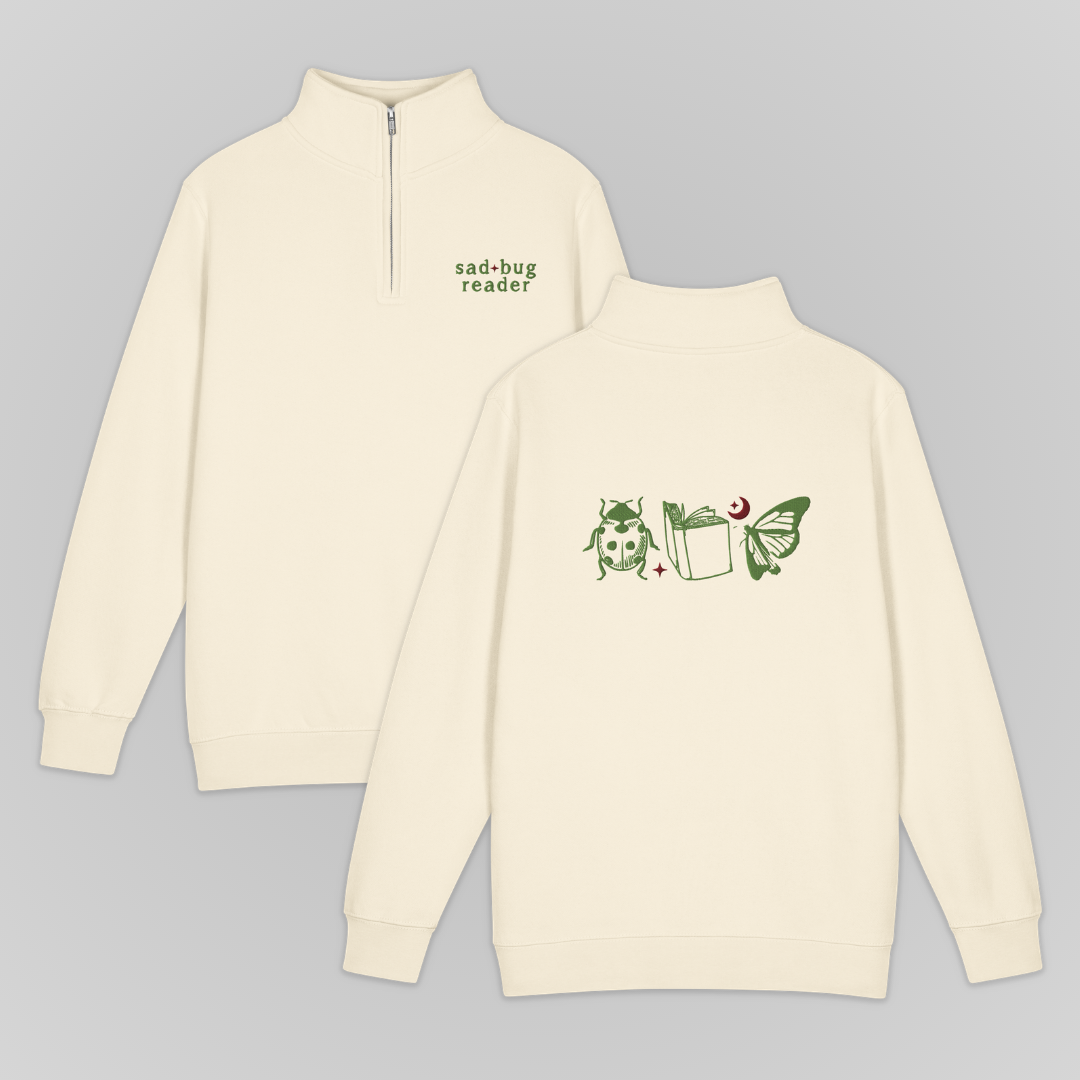 SAD BUG READER MOCK-NECK QUARTER-ZIP SWEATER