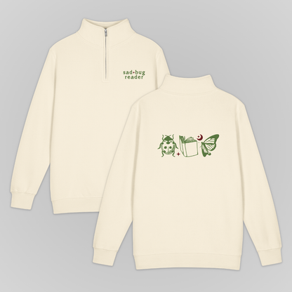 SAD BUG READER MOCK-NECK QUARTER-ZIP SWEATER