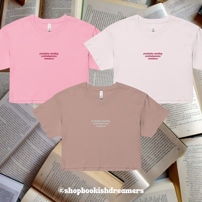 PROBABLY READING CONTEMPORARY ROMANCE EMBROIDERED CROP TEE