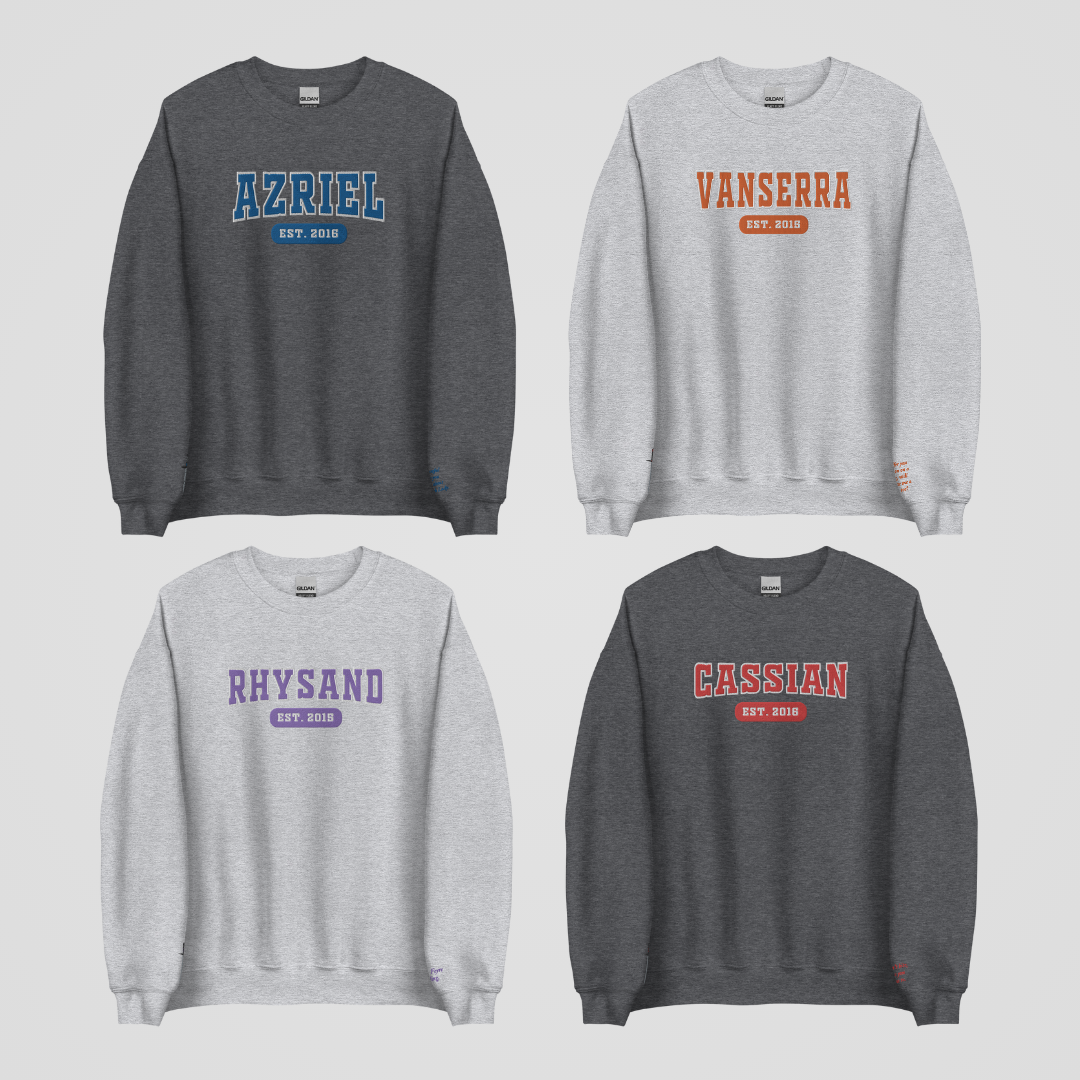 SJM COLLEGIATE EMBROIDERED CREWNECK *ACOTAR BOOK BOYFRIEND EDITION