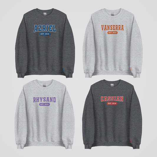 SJM COLLEGIATE EMBROIDERED CREWNECK *ACOTAR BOOK BOYFRIEND EDITION
